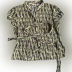 Worthington sheer green white & dark gray Printed Top with tie, polyester, 16